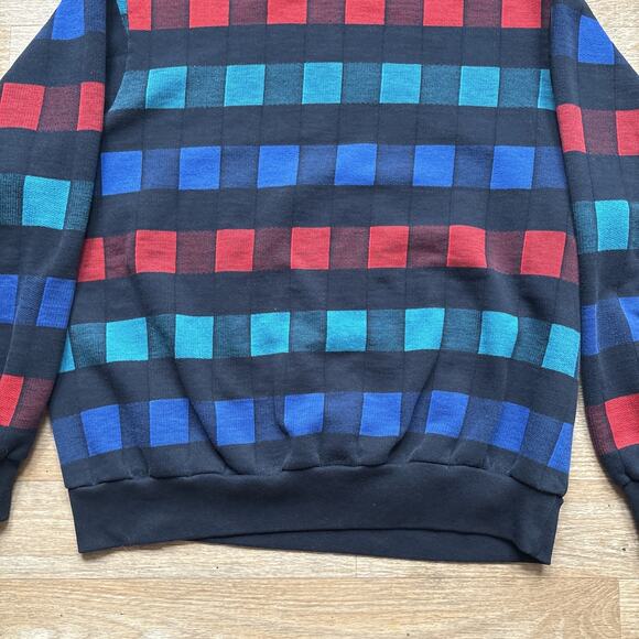 Vintage 80s Sweatshirt Black Checkered Mock Neck Sweatshirt Pullover Geometric M - Picture 3 of 8